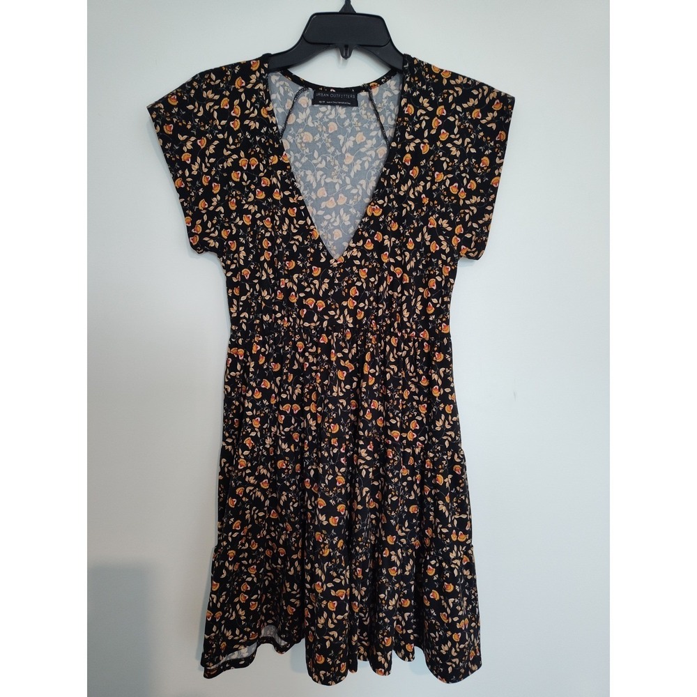 Urban Outfitters Floral V-Neck Tiered Mini Dress Black Orange XS Boho Cap Sleeve